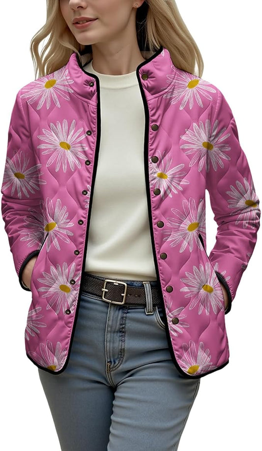 LIZALIG Women's Cropped Puffer Jacket Lightweight Floral Print Long Sleeve Padded Quilted Puffy Cardigan Coat