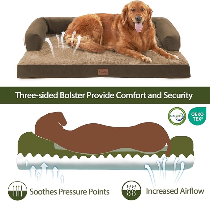 Orthopedic Dog Beds for Extra Large Dogs, Waterproof Egg Crate Foam XL Dog Bed with Sides 45 * 35Inch, Big Dogs Couch Beds with Removable Washable Cover and Nonskid Bottom, Brown
