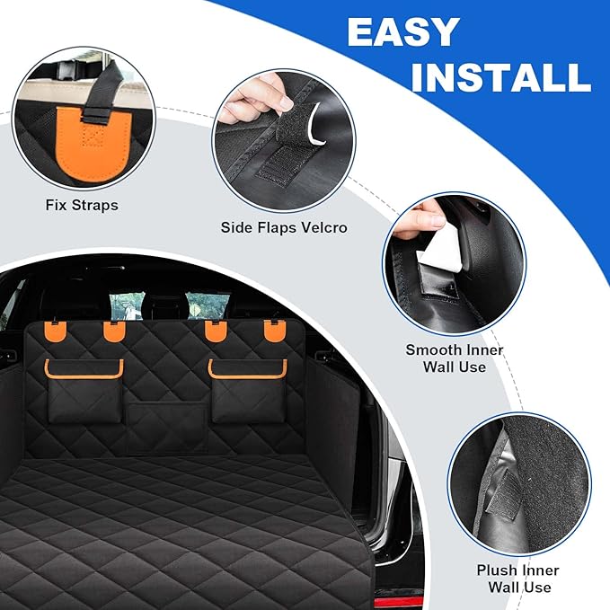 4-in-1 SUV Cargo Liner for Dogs, Non-Slip Water Resistant Pet Trunk Mat with Side Flaps Protector & Back Seat Organizer, Dog Backseat Cover for SUVs Vans