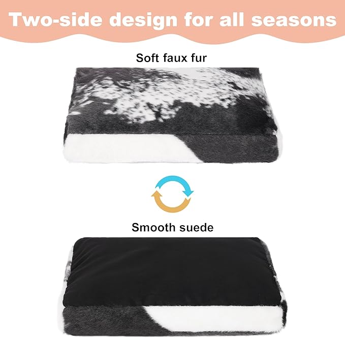 Bedfolks Plush Waterproof Dog Crate Bed, Removable Washable Cover, Faux Fur Pad for Small Dogs & Cats, 17"x12", Black-White Cowhide