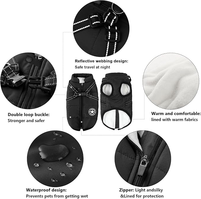 Aiboria Dog Coat for Winter Waterproof Dogs Jackets Windproof Fleece Small Dog Vest Harness Winter Padded Pet Black XXL