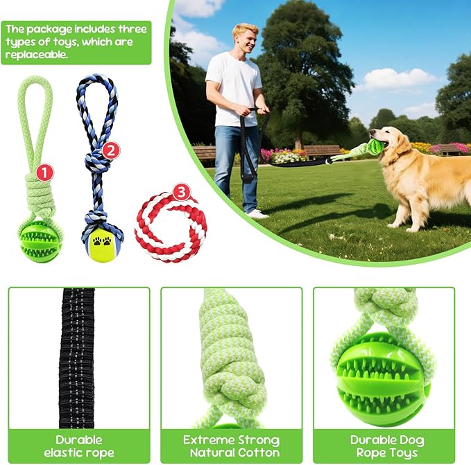 Dog Outdoor Bungee Solo Hanging Toy, Tether Tug of War Toys for Pitbull Small Large Aggressive Chewers Dogs to Exercise, Durable Interactive Tug Toy, Dog Rope Toys (3 Chew Ropes,1 poop bag)