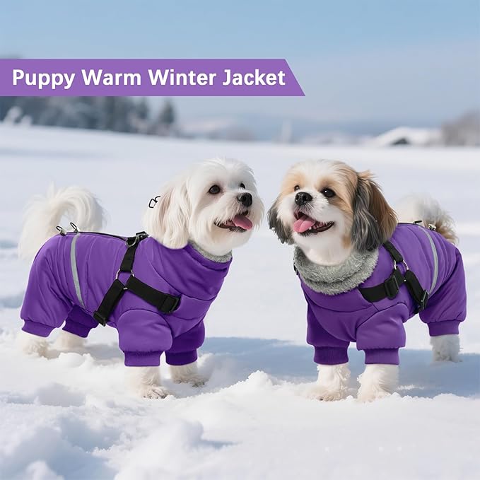 BRKURLEG Purple Dog Coat with Harness, Dog Winter Jacket, Dogs Onesie Body Warm Jackets, Small Dogs Winter Coats Reflective Windproof Warm Cold Weather Coats, Pet Waterproof Jackets, S