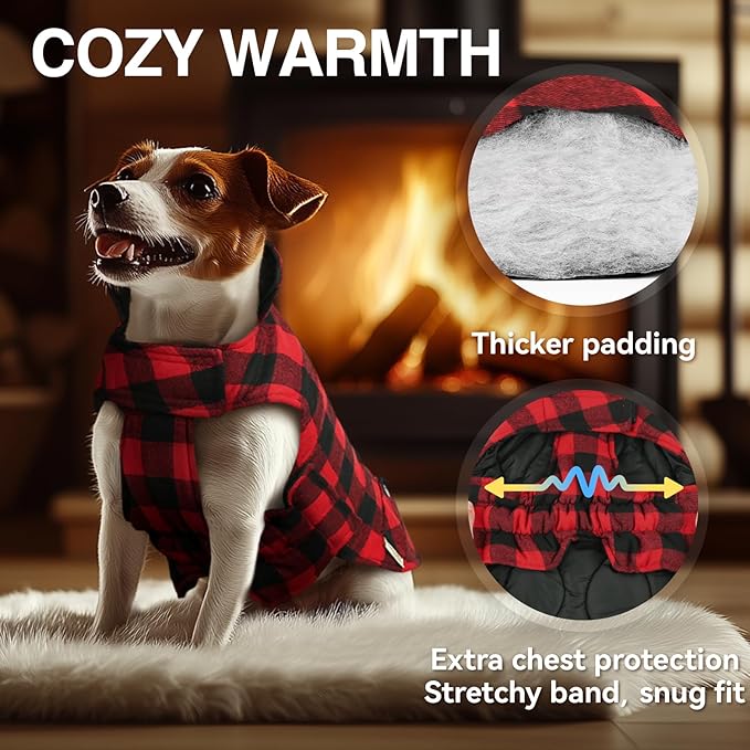 VIVAGLORY Softjoy Dog Coat, Dog Jacket for Winter & Christmas, Coat with Harness Hole & Velcro Closure, Reversible Plaid Checkered Warm Fluffy Heavy Duty for Puppy, S, Red Black