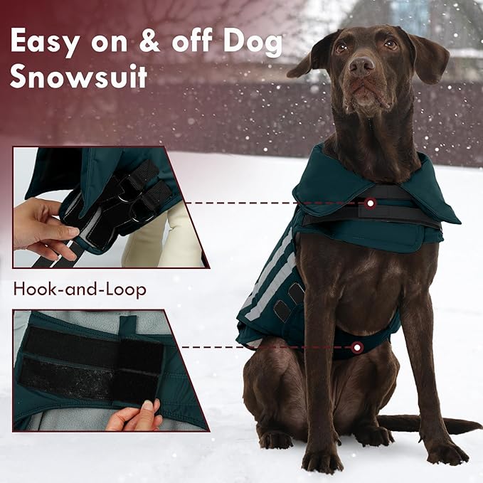 Large Dog Jacket Waterproof Warm Dog Winter Coats with Harness Hole Turtleneck Reflective Snowsuit Adjustable Fleece Coat for Dogs French Bulldog, Green L