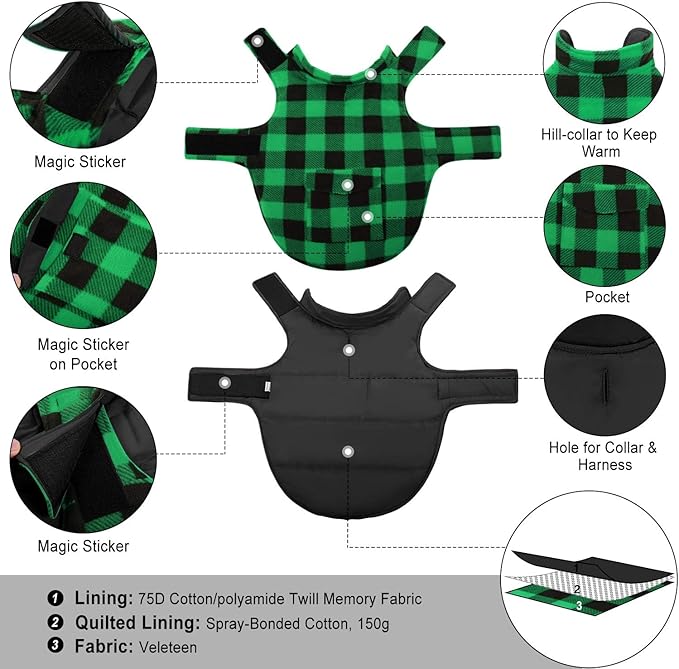 ASENKU Dog Winter Coat, Fleece Doggie Jacket Plaid Reversible Vest Waterproof Windproof Cold Weather Clothes for Small Medium Large Dogs (M, Green)