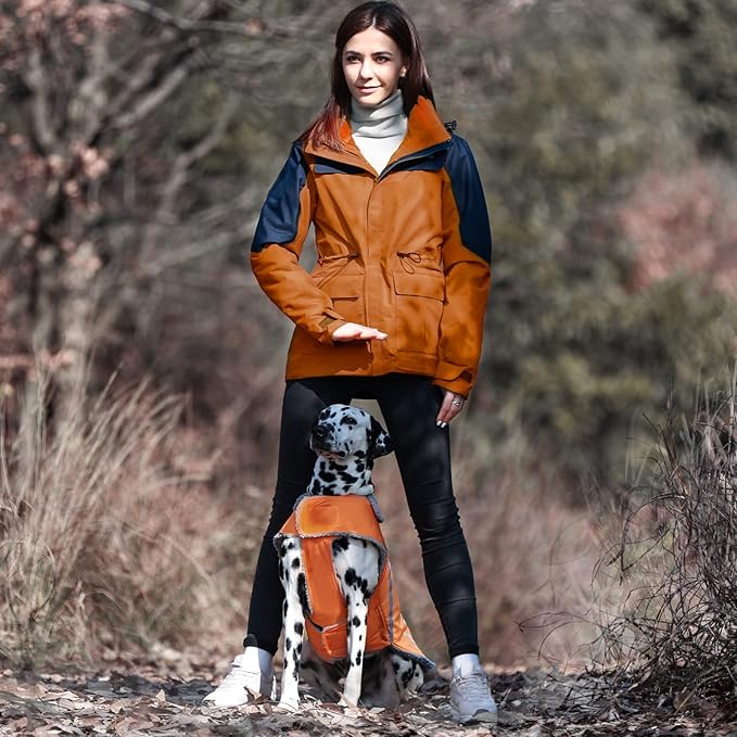 VIVAGLORY Frostfit Dog Coat, Dog Jacket for Winter & Cold Weather, Warm Fluffy Fleece Lined Water Resistant Reflective for Puppy, Coat with Velcro Fastening & Leash Hole, S, Orange