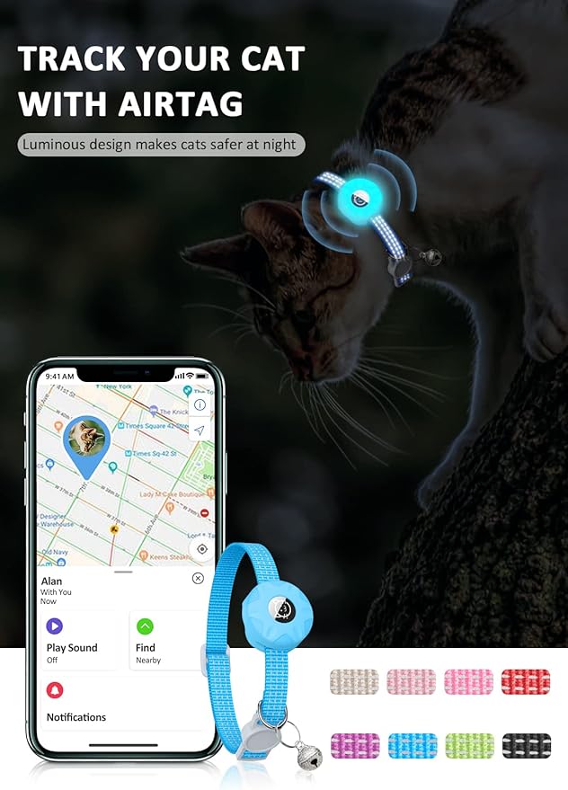 AirTag Cat Collar, Reflective Kitten Collar Breakaway Apple Air Tag Cat Collar, GPS Cat Collar with AirTag Holder and Bell, Lightweight Tracker Cat Collars for Girl Boy Cats Puppies (Luminous Blue)