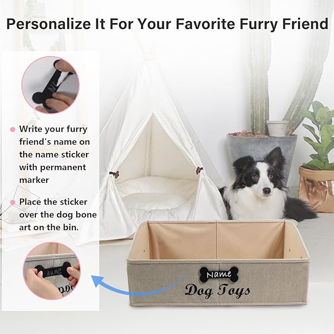 Large Dog Toy Basket Collapsible Dog Toy Box Fabric Trapezoid Dog Toy Bin Storage for organizing pet Toys/Blankets/leashes/Rope Toys/Clothing-Can be Personalized-KhakiStripe