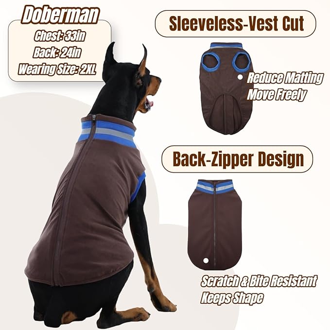 Winter Classic Warmth Turtleneck Vest Fleece Dog Sweater, Lightweight & Soft Coat for Large Dogs with Back-Zipper, Thermal Doggie Vests Clothes with Reflective Strips, Pitbull Male Female(Brown, 2XL)