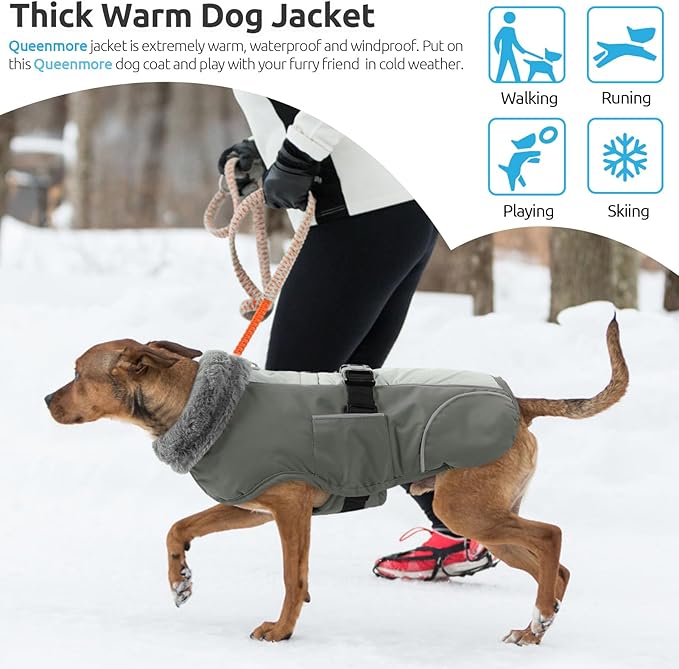Queenmore Dog Jackets for Large Breeds, Dog Cold Weather Coats Waterproof, Thick Fleece Lining Pet Coats XL Winter, Grey, XL