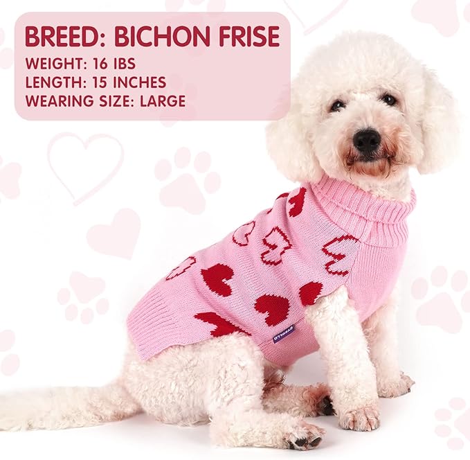 cyeollo Small Dog Valentines Sweater Heart Pattern Dog Clothes with Leash Hole Pullover Turtleneck Holiday Pet Apparel Pink