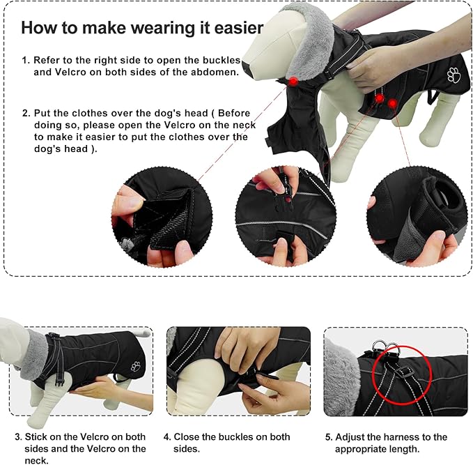 Doglay Dog Jacket Waterproof Dog Coat with Harness Built in, Christmas Puppy Winter Coat Reflective Turtleneck Puffer Snow Jackets for Small Medium Large Dogs