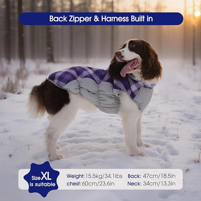 FUAMEY Dog Coat for Small Dogs,Waterproof Dog Winter Jacket with Harness Built in Puppy Cold Weather Coats Reflective Pet Vest with Zipper Warm Fleece Dogs Snowsuit Windproof Purple Plaid S