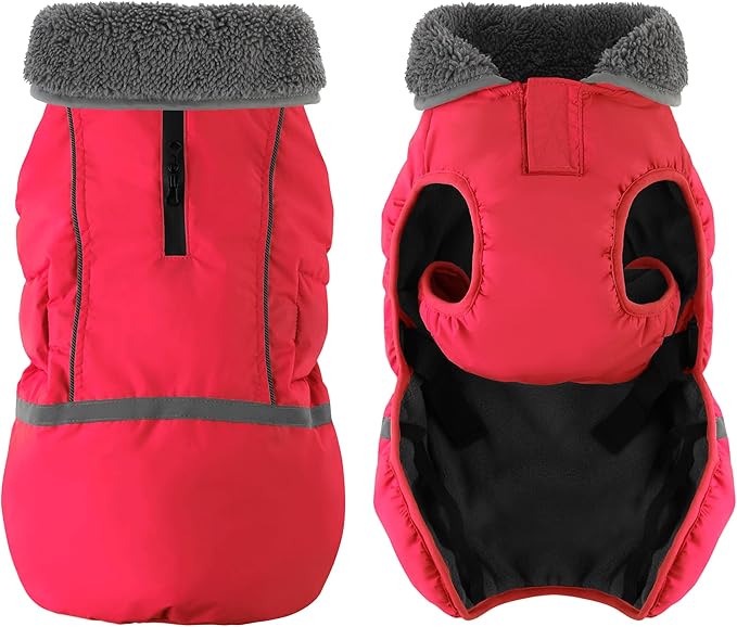 Dogcheer Warm Dog Coat, Christmas Dog Jacket Waterproof Puppy Winter Coat with Buckles, Reflective Adjustable Pet Snow Jacket Turtleneck Fleece Sweater for Small Medium Large Dogs - Red, M