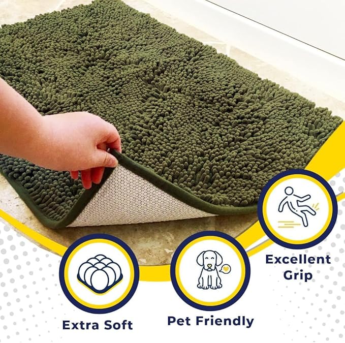 Muddy Mat® AS-SEEN-ON-TV Highly Absorbent Microfiber Door Mat and Pet Rug, Non Slip Thick Washable Area and Bath Mat Soft Chenille for Kitchen Bedroom Indoor and Outdoor - Army Green 24" x 120"