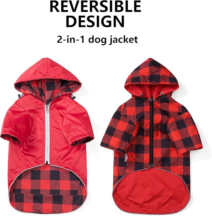 Dog Raincoat Dogs Waterproof Reversible rain Jacket Dog Small Medium Breeds Reflective Zipper Storage Pocket Harness Hole - Red - M