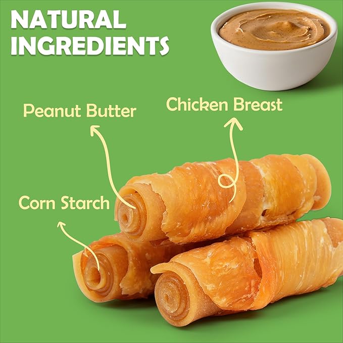 MON2SUN Rawhide Free Dog Treats, 3 Inch Chicken Wrapped Rolls, Low Fat and Training Snacks, Peanut Butter Flavor Chews for Small Dogs, 13.23oz (10 Count - Pack of 1)