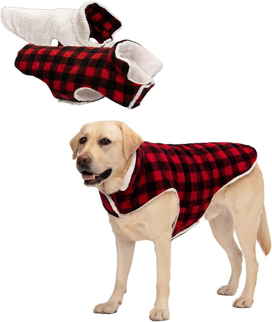 Furhaven Reversible XL Dog Coat, Washable & Insulating w/ Leash Access - Sherpa & Plaid Fleece Flex-Fit Jacket - Cream/Red, Extra Large