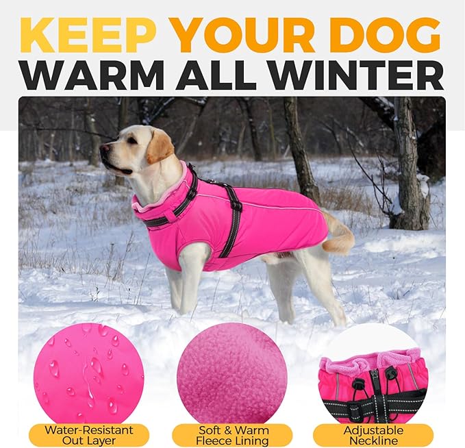 Lelepet Dog Winter Coat Waterproof Dog Jacket with Harness Built in Windproof Reflective Pet Coats for Small Medium Large Dogs, Thermal Fleece Lined Coats for Cold Weather Walking Hiking, Rose Red, L