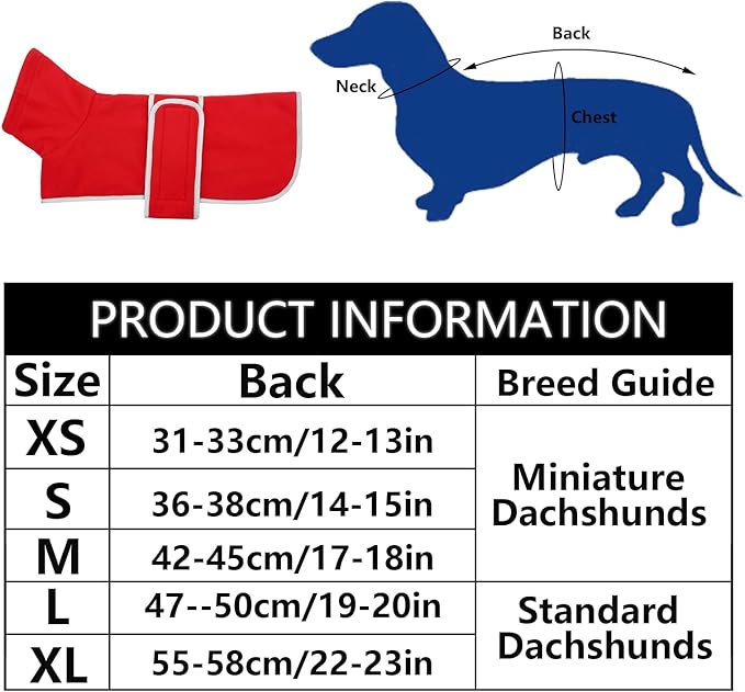 Geyecete Dachshund Sweaters - Dachshund Dog Jacket, Winter Coat with Padded Fleece Lining, High Collar, Snowsuit with Adjustable Bands - Red, XS
