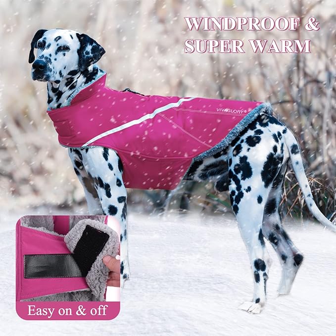 VIVAGLORY Snowrap Dog Coat, Jacket with Harness Hole & Velcro Closure, Dog Coat for Winter & Cold Weather, Fluffy Warm Fleece Lined Reflective Water Resistant for Puppy, S, Fuchsia
