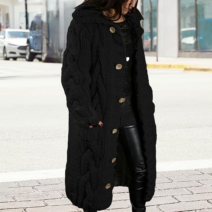 LOAIHA Women Chunky Cable Knit Long Sleeve Cardigan Fall Winter Trendy Oversized Button Down Sweaters Outerwear with Pocket