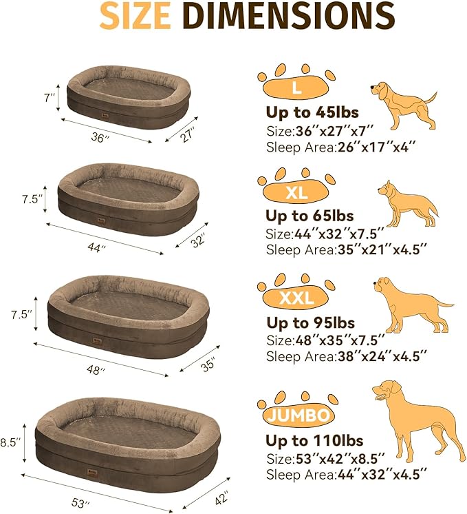 Orthopedic Waterproof Large Dog Bed: Memory Foam Washable Dog Bed with Bolsters - XL Removable Orthopedic Pet Cover for Medium Large Sized Pet - Non-Slip Bottom - Coffee