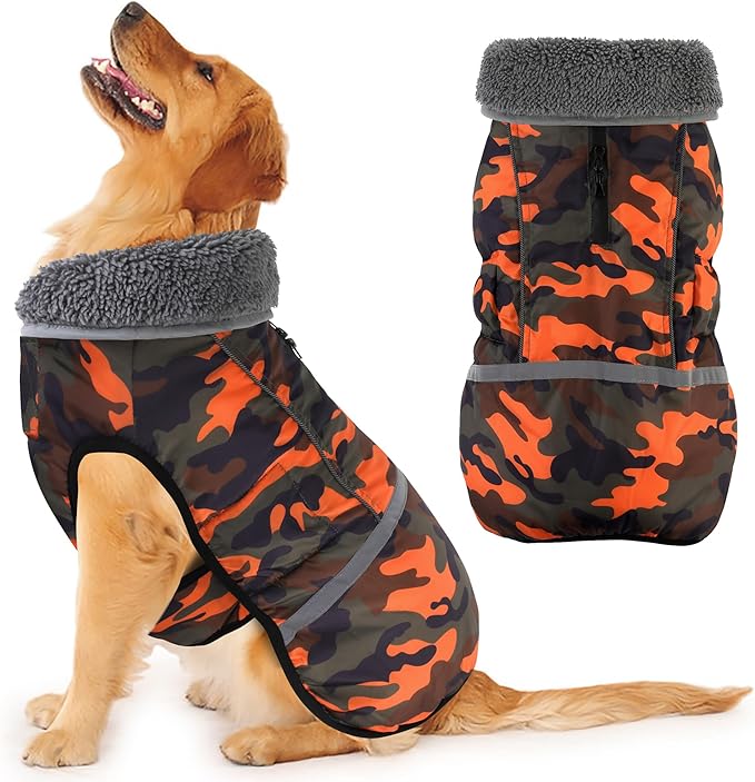 Dogcheer Warm Dog Coat, Waterproof Dog Jacket Christmas Puppy Winter Coat with Buckle, Reflective Adjustable Pet Snow Jacket Turtleneck Fleece Sweater for Small Medium Large Dogs - Orange Camo, M