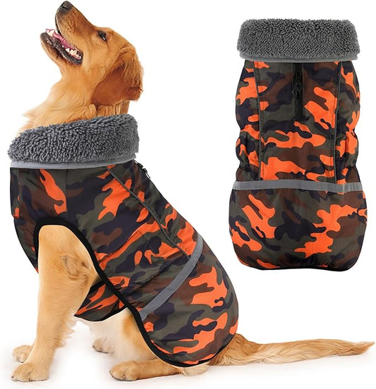 Dogcheer Warm Dog Coat, Waterproof Dog Jacket Christmas Puppy Winter Coat with Buckle, Reflective Adjustable Pet Snow Jacket Turtleneck Fleece Sweater for Small Medium Large Dogs - Orange Camo, L