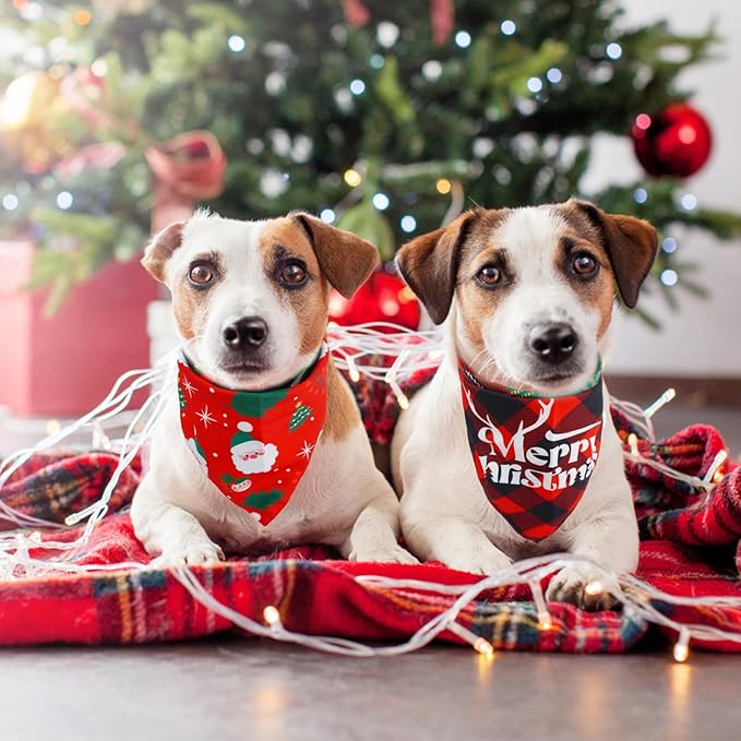 SCENEREAL Christmas Dog Bandanas 2 Pack, Puppy Xmas Santa Claus Elk Triangle Bibs Handkerchief, Reversible Holiday Dog Bandana for Boy and Girl, Premium Pet Scarf for Small Medium Large Dogs XL