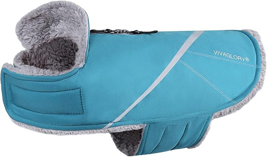 VIVAGLORY Snowrap Dog Coat, Jacket with Harness Hole & Velcro Closure, Dog Coat for Winter & Cold Weather, Fluffy Warm Fleece Lined Reflective Water Resistant for Puppy, L, Turquoise