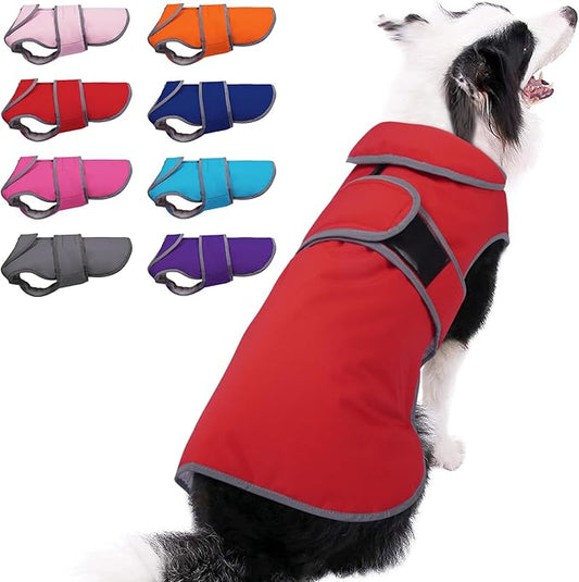 MIGOHI Reflective Waterproof Dog Coat, Medium, Red, Fleece Lined, Stormguard