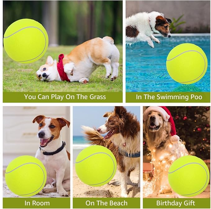 Pomeat 2 PCS Gaint Tennis Ball for Dogs, 9.5" Inflatable Large Tennis Balls Pet Chew Toy, Inflatable Rubber Non-Toxic Pet Toy Balls with Pump & Needle for Small Medium Large Dogs