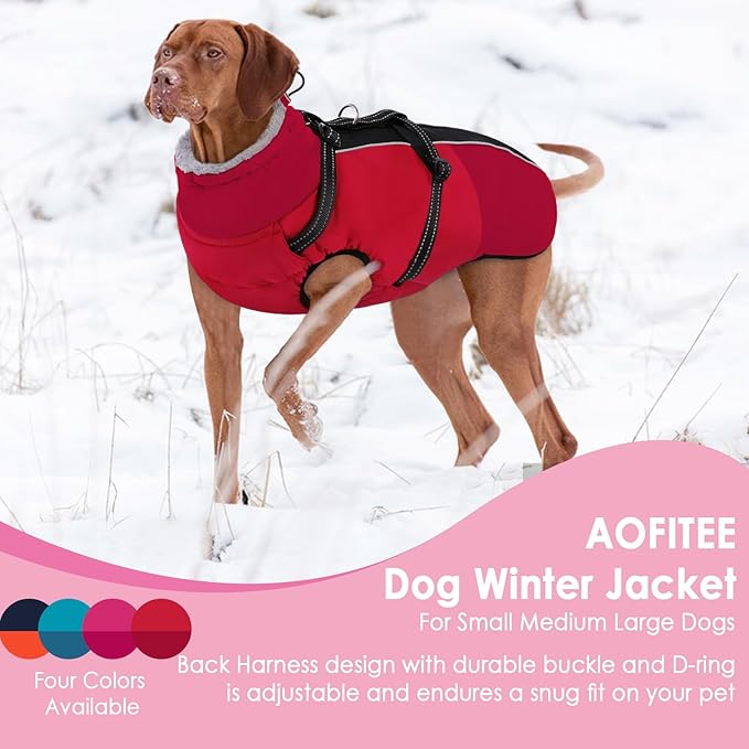AOFITEE Dog Coat for Large Dogs, Waterproof Dog Winter Jacket with Built in Harness, Warm Turtleneck Cold Weather Coats Large, Reflective Fleece Lined Snow Jacket for French Bulldog, Boston Terrier, L