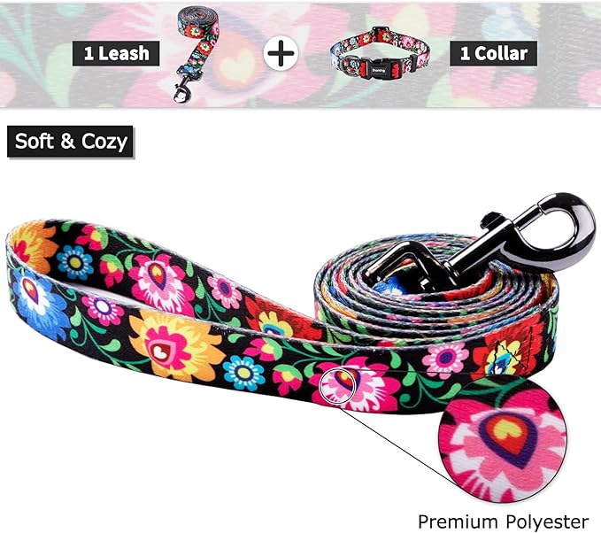 Ihoming Dog Collar and Leash Set for Daily Outdoor Walking Running Training, Black Colorful Flowers Design for Small Boys Girls Dogs Cats Pets, S-Up to 20LBS