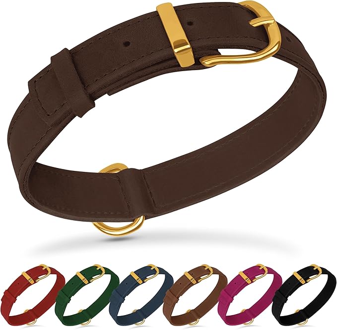 Leather Dog Collar - Heavy Duty Adjustable Soft Padded Pet Collars for Small Medium Large Dogs Breed - Black Green Brown Pink Red Blue (Brown, L, 15"-19" Neck Fit)