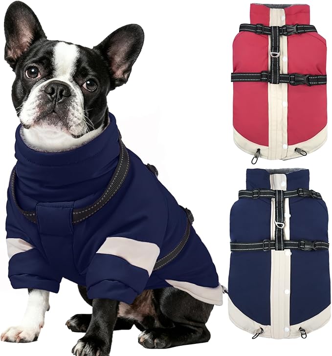 MIGOHI Dog Coat with Harness Built in, 2-in-1 Thermal Dog Winter Coat, Windproof Reflective Jacket with High Collar for Medium Dogs, Easy On Back Zipper, Cocker Spaniels, Navy Blue, L