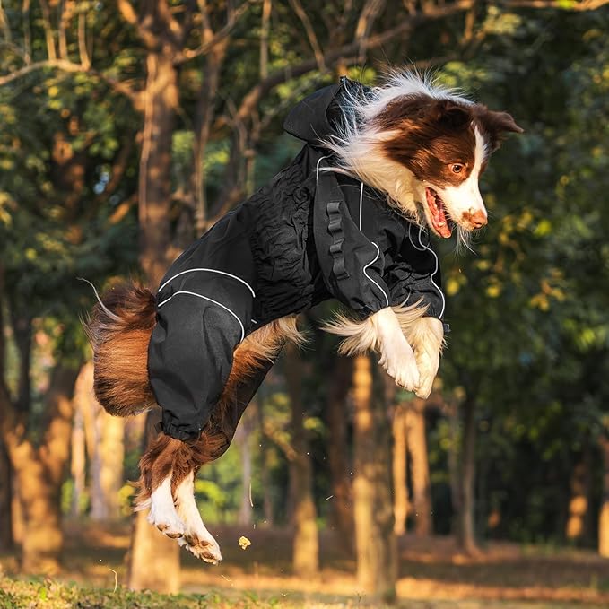 OneTigris Dog Raincoat with Hood for Medium Large Dogs, Waterproof & Reflective, 4 Legs Dog Rain Jacket Adjustable Puppy Poncho for The Rain and Snow (Black, Small)