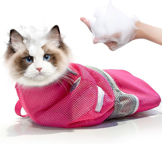Cinf Cat Bathing Bag, Breathable Mesh Anti Scratch Adjustable Cat Grooming Bag for Nail Trimming, Bathing Soft Cat Washing Bag(Pink) L