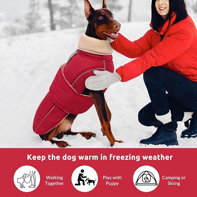 ASENKU Warm Dog Coat, Waterproof Dog Jackets for Large Dogs with Reflective Fleece Vest Turtleneck with Button,Windproof Cold Weather Coats for Small Medium Large Dogs, Dark Red, 2XL