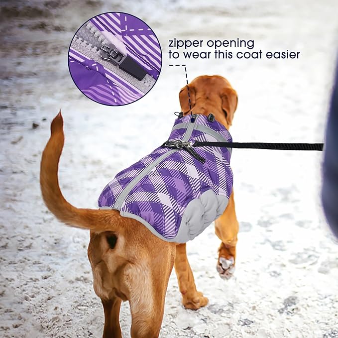 FUAMEY Dog Coat for Large Dogs,Waterproof Dog Winter Jacket with Harness Built in Puppy Cold Weather Coats Reflective Pet Vest with Zipper Warm Fleece Dogs Snowsuit Windproof Purple Plaid 2XL