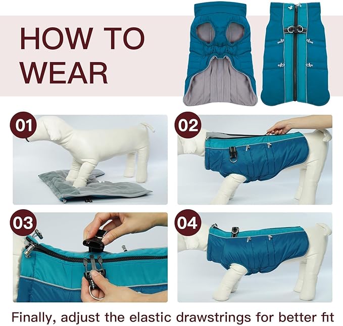 Small Dog Coat - Warm Zip Up Snowsuit Dog Harness Vest, Reflective, Water-Resistant, Green