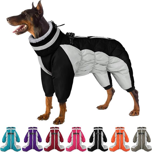 SUNFURA Full Body Dog Coat - Warm Fleece Jacket for Large Dogs, Turtleneck Winter Coats with Harness, Reflective Dog Snowsuit Windproof Puffer Jackets with Legs for Weimaraner, Black XL