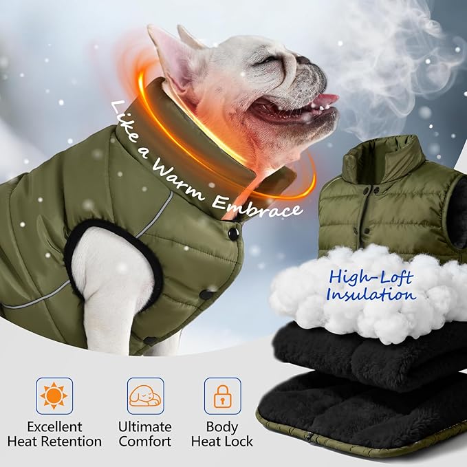 Dog Winter Jacket Waterproof, Reflective Fleece Lined Dog Coats for Small Medium Large Dogs, Warm Snow Coat for Dogs, Insulated Cold Weather Dogs Puffer Jackets with Leash Hole, Olive, L