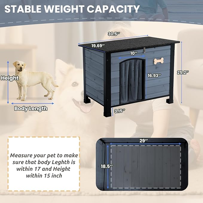 Outdoor Dog House, Small Wooden Dog House with Anti Bite Iron Frame Weatherproof Finish Outside Paw Print Dog Crate for Large and Medium Dogs, Grey