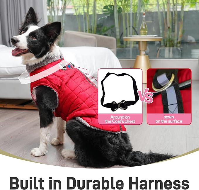 Warm Fleece Dog Coats with Durable Harness Buitl in D-Ring,Waterproof Puppy Jacket for Small Dogs,Dog Vest for Cold Winter,Red S