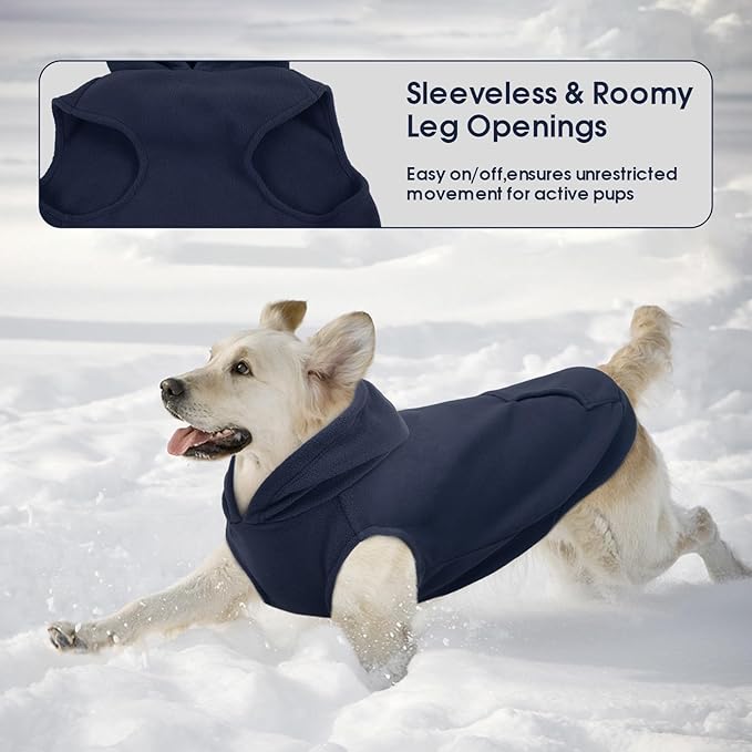 IECOii XL Dog Sweater & Pullover Hoodie for Large Dogs, Warm Fleece Layer with Hood for Cold Weather, Boys & Girls, Blue, Size XL