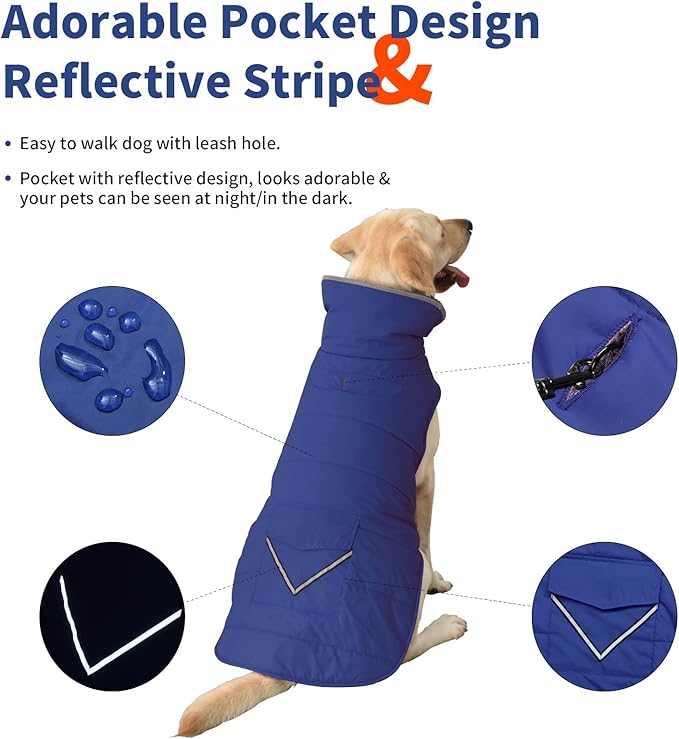 Dog Coat, Waterproof Dog Winter Jacket with Pocket, Reflective Adjustable Pet Snow Vest, Warm Cozy Fleece Sweater for Small Medium Extra Large Dogs - Blue, M