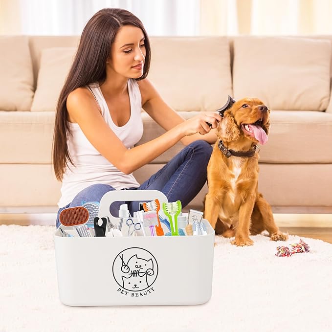 Minimalist White Dog Cat Grooming Supplies Organizer, Portable Caddy with 5 Compartments
